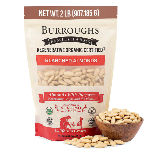 Burroughs Family Farms Regenerative Organic Blanched Almonds 2 lb bag with bowl of blanched almonds