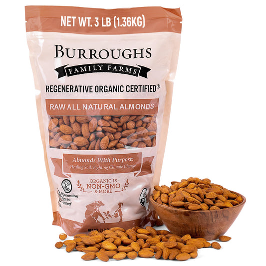 Burroughs Family Farms Regenerative Organic All Natural Almonds 3 lb bag with bowl of raw almonds