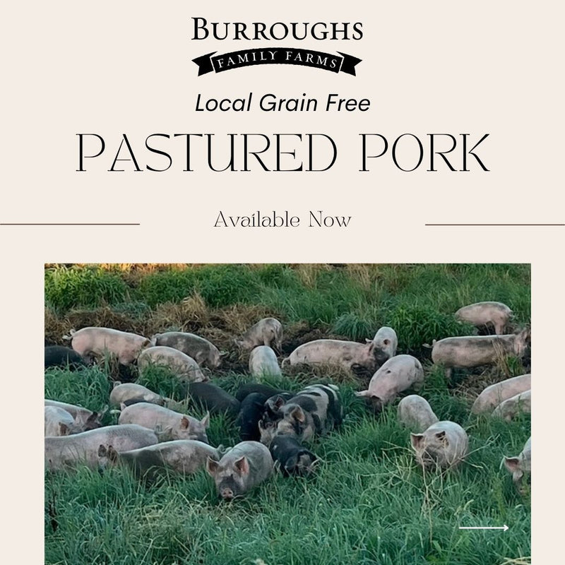 Pastured pork graphic showing pigs grazing on grass