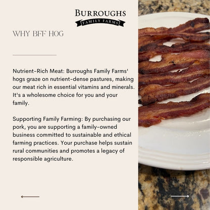 Why BFF Hog information graphic beside a plate of bacon