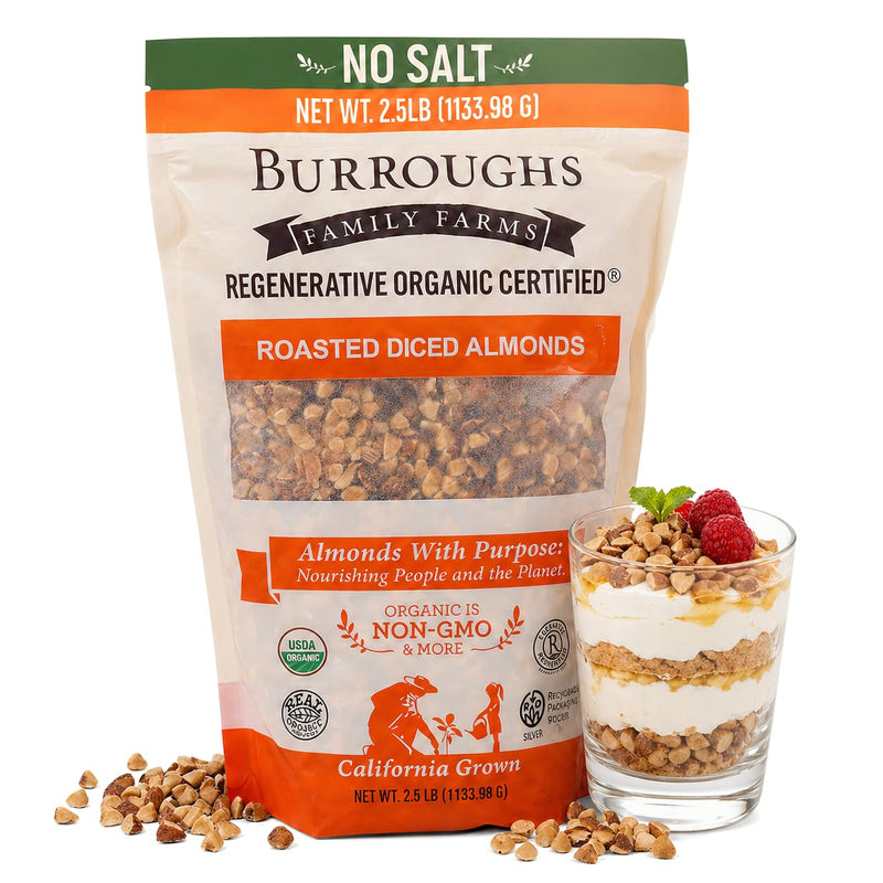 Burroughs Family Farms Regenerative Organic Roasted Diced Almonds 2.5 lb bag with yogurt parfait