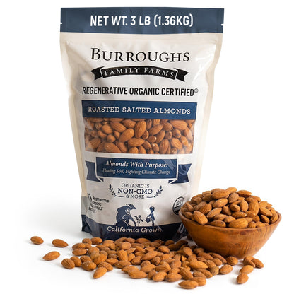 Burroughs Family Farms Regenerative Organic Roasted Salted Almonds 3 lb bag with bowl of roasted almonds