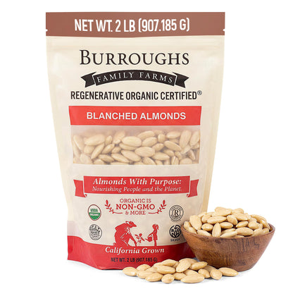 Burroughs Family Farms Regenerative Organic Blanched Almonds 2 lb bag with bowl of blanched almonds