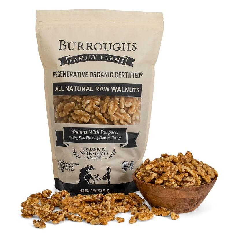 Burroughs Family Farms Regenerative Organic Raw Walnuts 1.7 lb bag with bowl of shelled walnuts