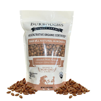 Three pound bag of Burroughs Family Farms Raw All Natural Almonds with almonds beside it