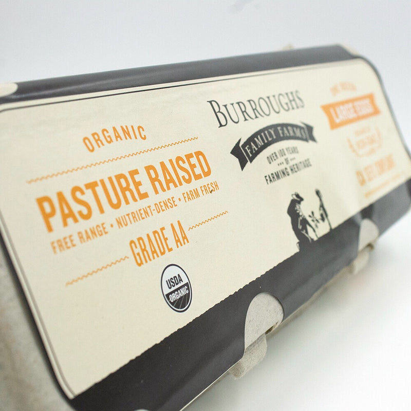 Carton of Burroughs Family Farms Organic Pasture Raised Grade AA eggs
