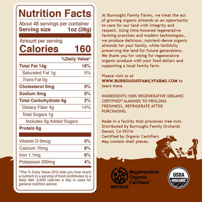 Nutrition facts and ingredients panel for Raw All Natural Almonds