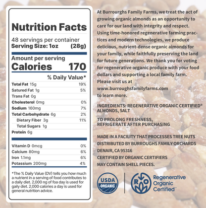Nutrition facts and ingredients panel for Roasted Salted Almonds