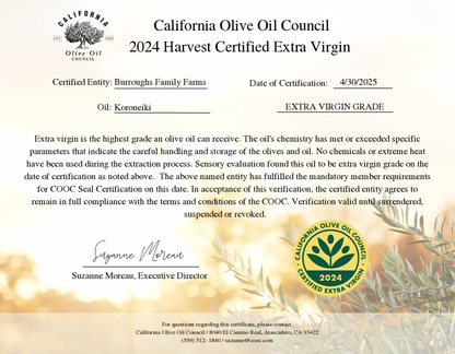 California Olive Oil Council 2024 harvest certificate confirming extra virgin grade for Burroughs Family Farms Koroneiki olive oil