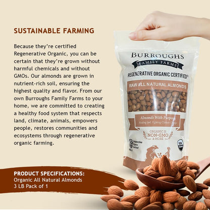Product information panel for the three pound bag of Raw All Natural Almonds